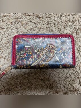 Sakroots Multicolor Floral & Bird Zip Wallet in Navy and Magenta Accents